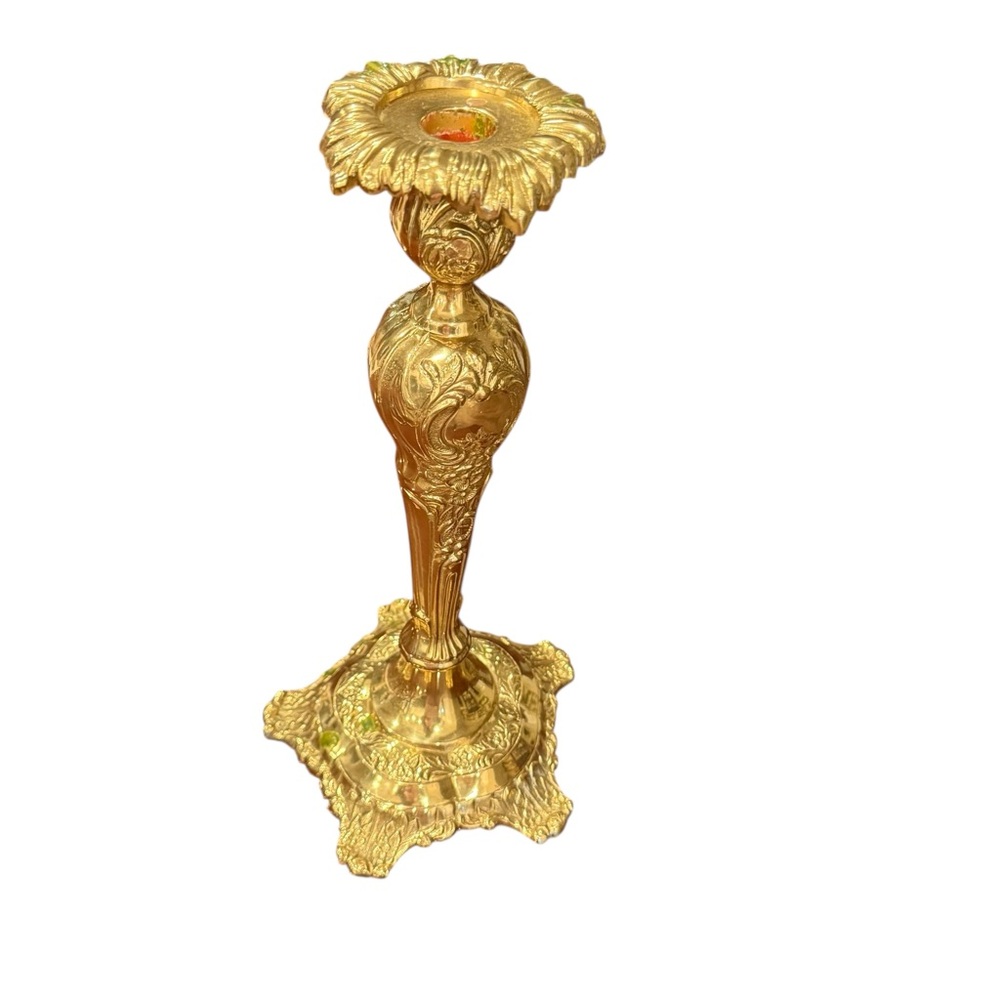 Vintage Heavy Solid Lacquered Brass Very Ornate 13.5" Candlestick Holder